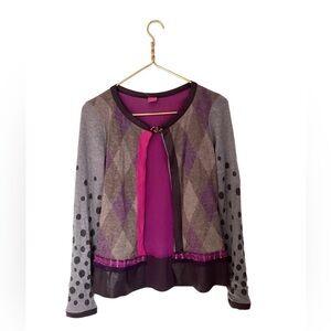Y2K SAVE THE QUEEN Italy Purple Grey Argyle Mixed Print Rhinestone Sweater M